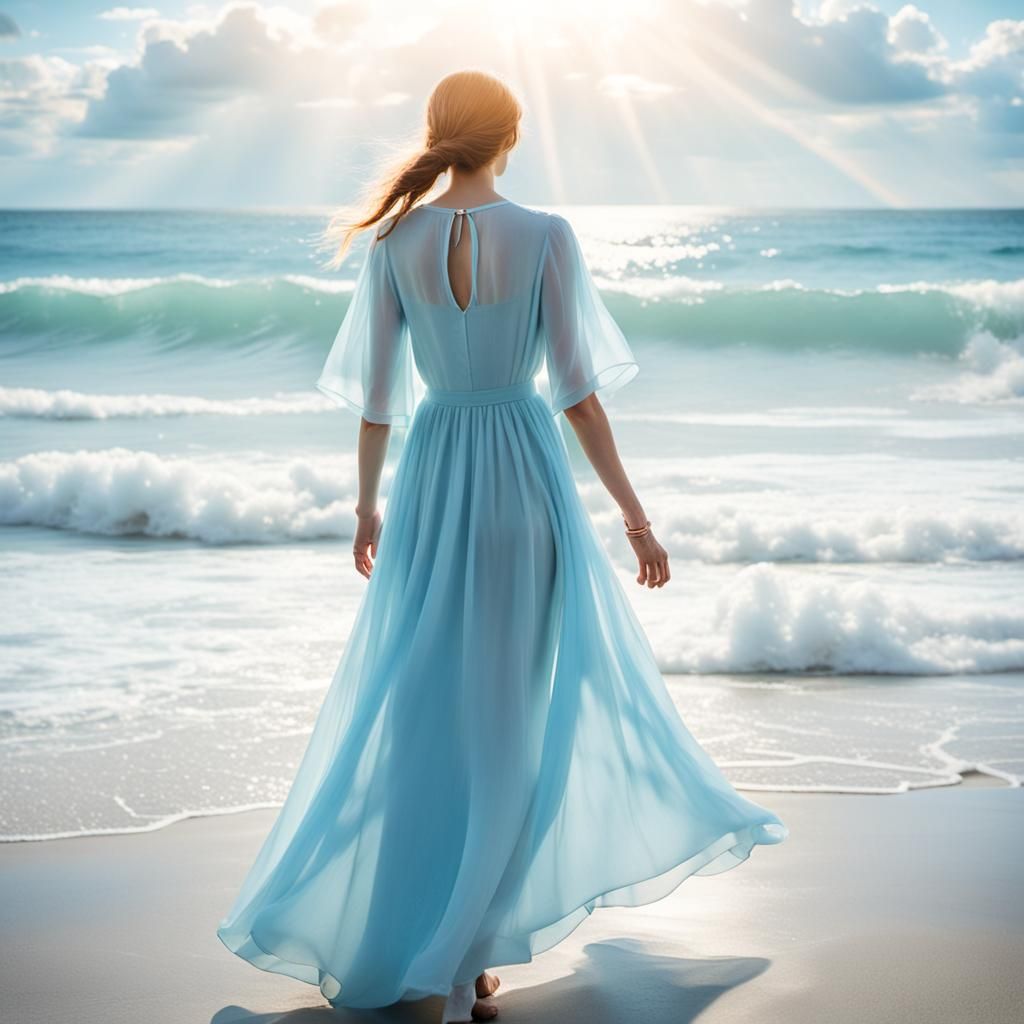 Person in Blue Dress by Ocean in Sunlight