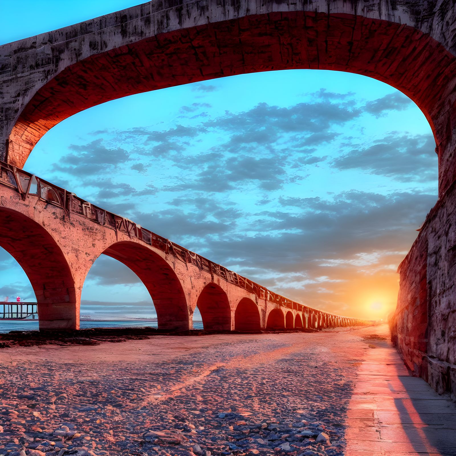 Sunset Over Crumbling Railway Bridge: Digital Matte Painting