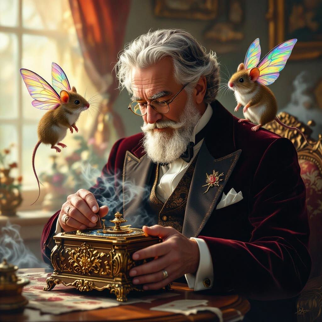 Whimsical Old Man with Musical Box and Flying Mice