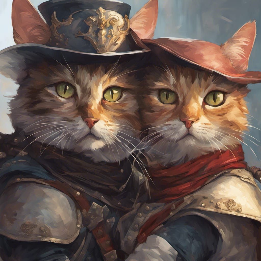 Cats as Musketeers Duel: Hyperdetailed Portrait