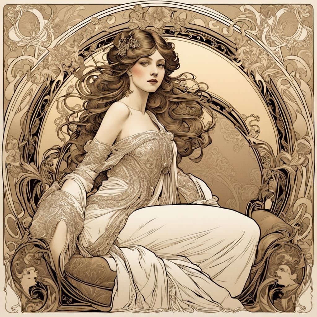 Elegant Victorian Aristocrat in Art Nouveau Style Ink Drawin...