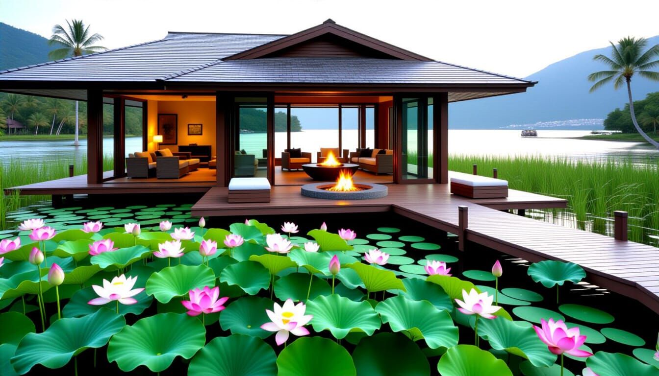 Island Retreat: Lotus Field with Veranda and Fire Pit
