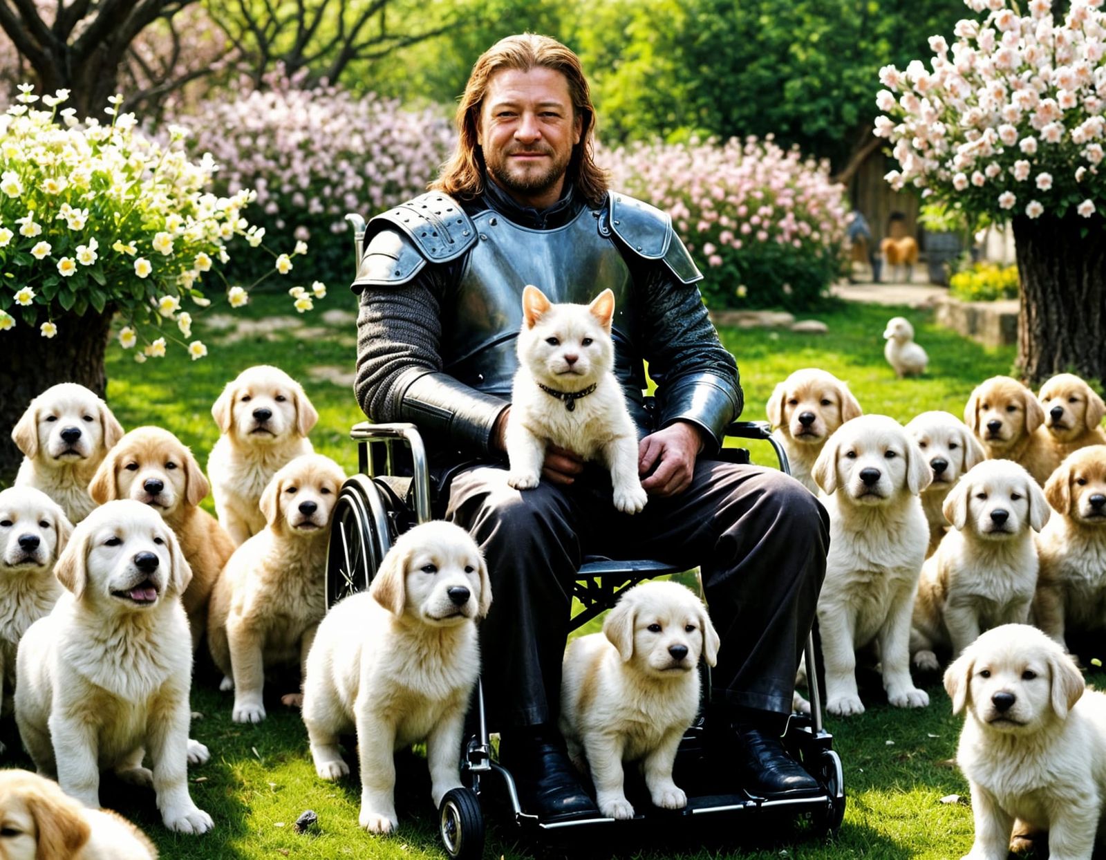 Happy Ned Stark in Springtime Garden with Animals