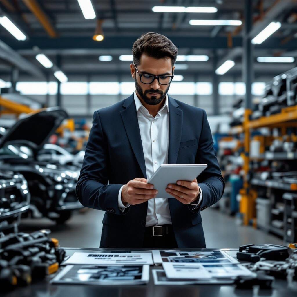 Businessman with Auto Parts in Futuristic Warehouse