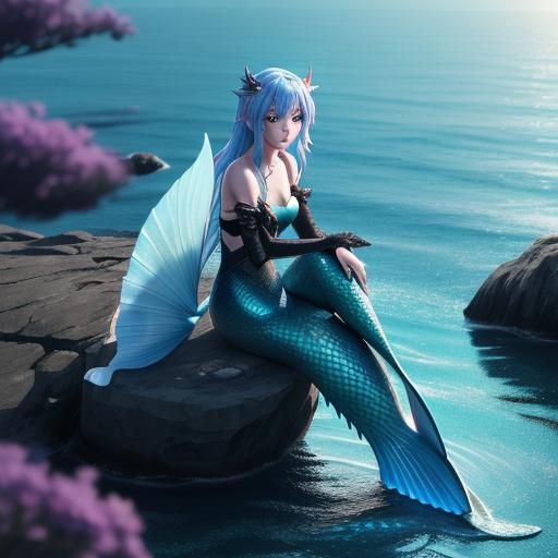 Anime Mermaid on a Rock at Night