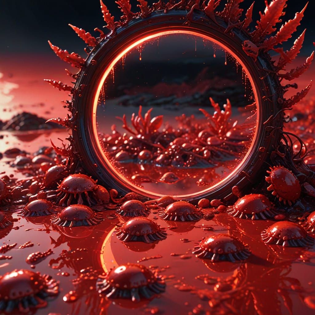 Surreal Red Beach with Slime Mirror in 3D Fractal Style