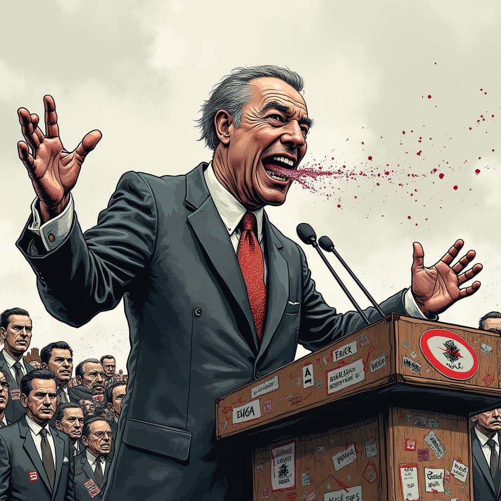 Grotesque Politician Giving Speech in Expressionist Style