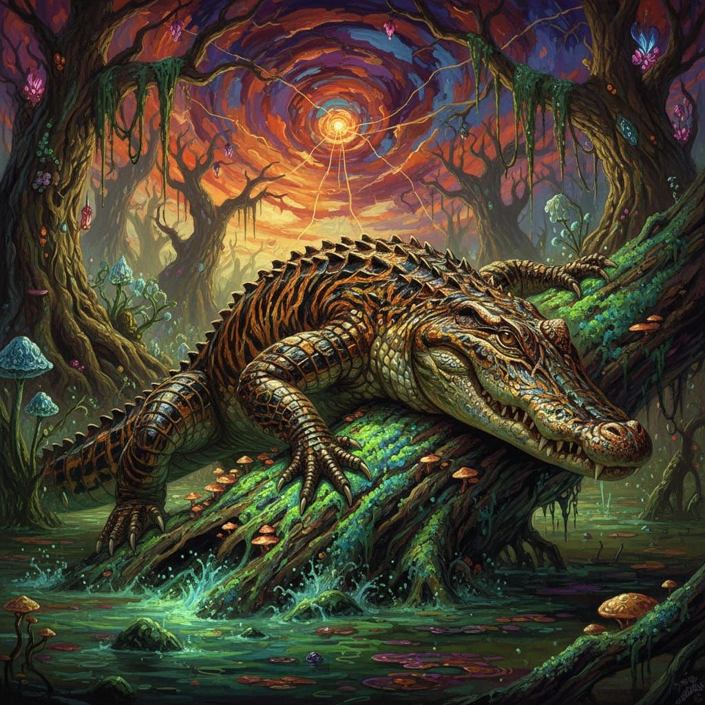 Tiger-Striped Alligator Emerges from Swamp in Painterly Styl...