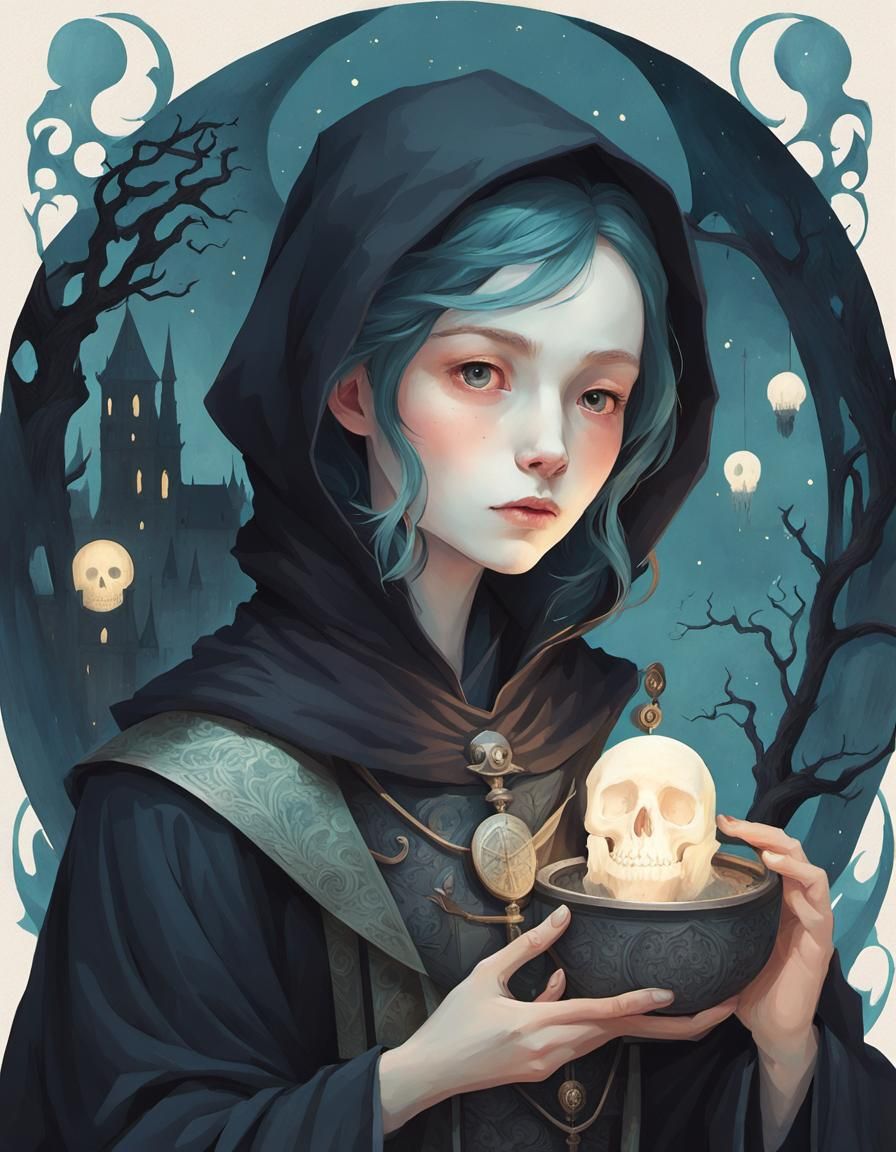 Cute Medieval Necromancer Boy in Lo-fi Illustration