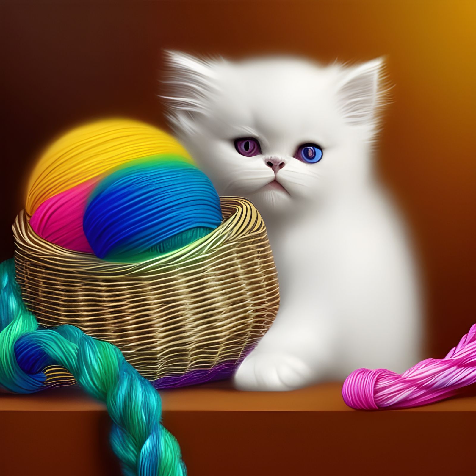 portrait of a cute adorable white persian kitten with yarn ball