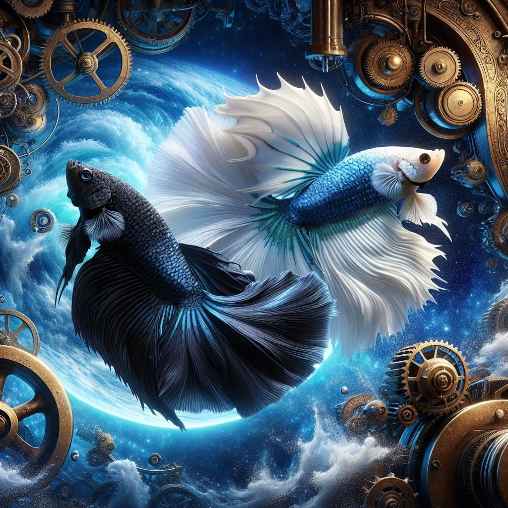 (yin yang) Beautiful Siamese Fighting fish (white) and Beaut...
