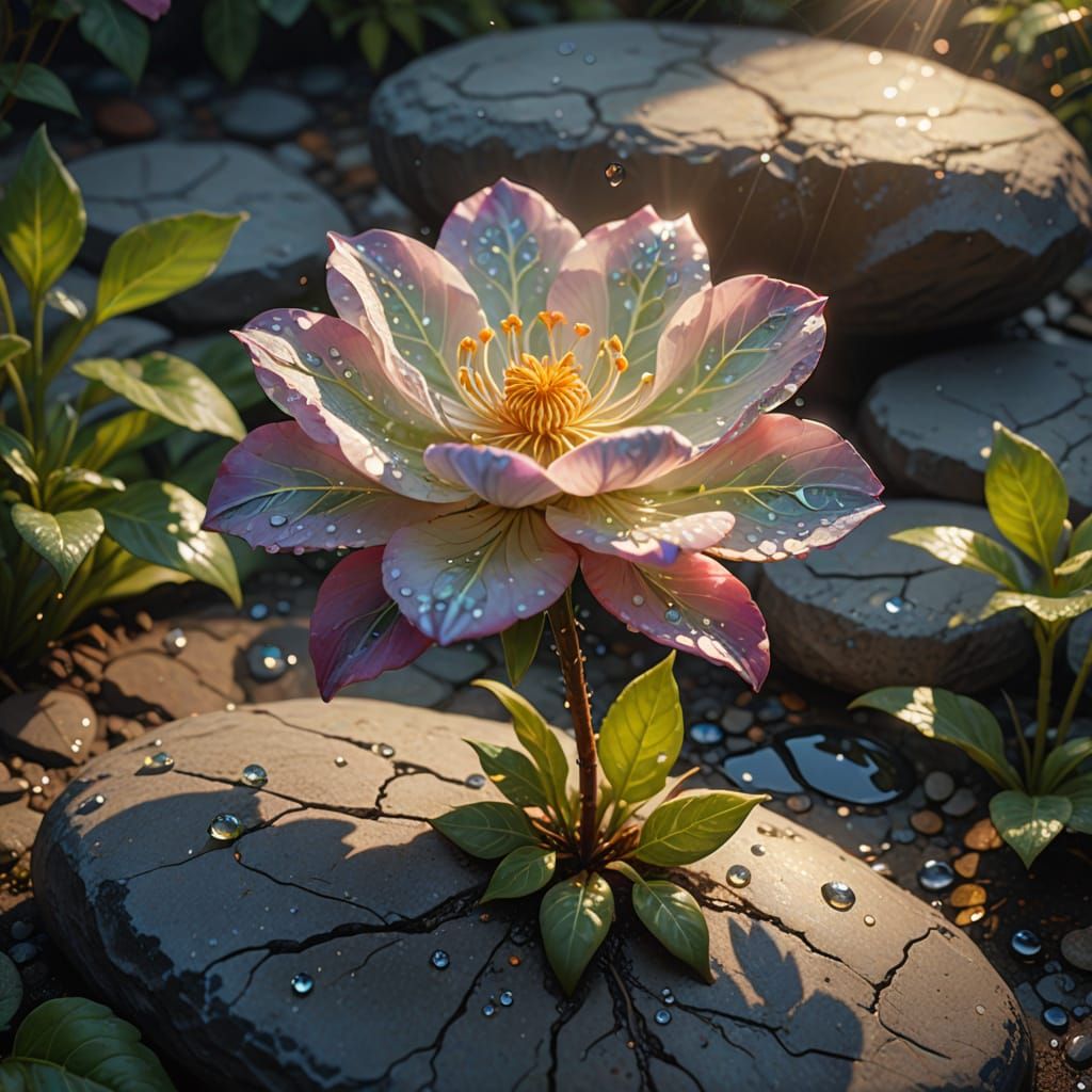 Delicate Flower Sprouts from Stone in Digital Painting