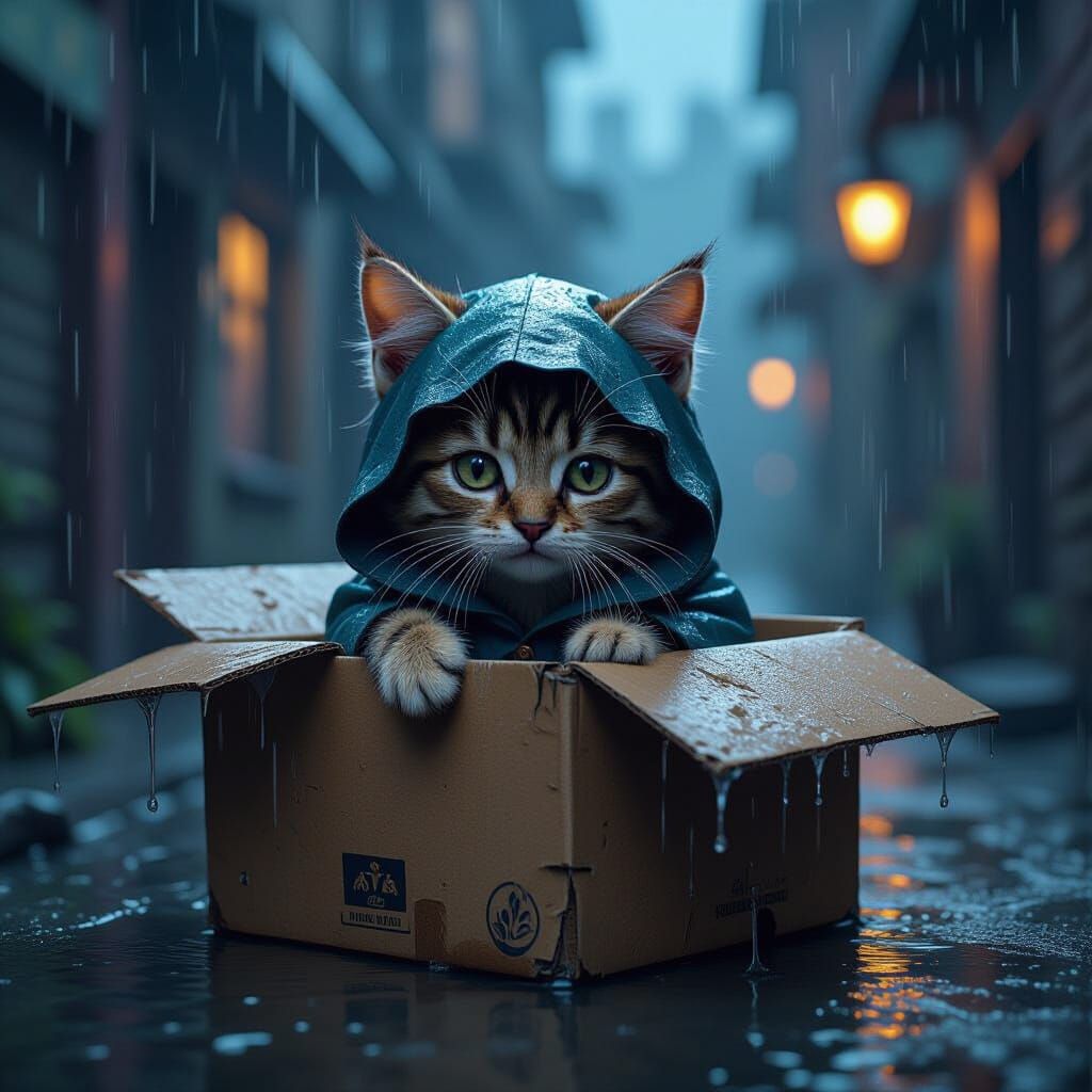 Stray Cat Sheltering on Rainy Night, Dark Fantasy Art