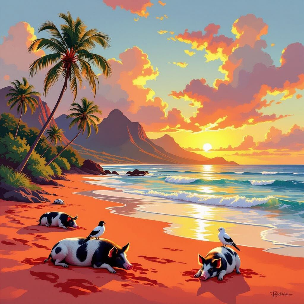 Vibrant Red Sand Beach with Pigs and Sunset