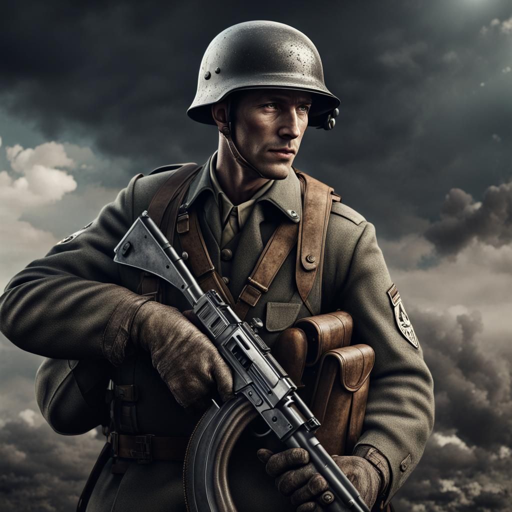 WWII German Soldier with MP40: Black and White Photo