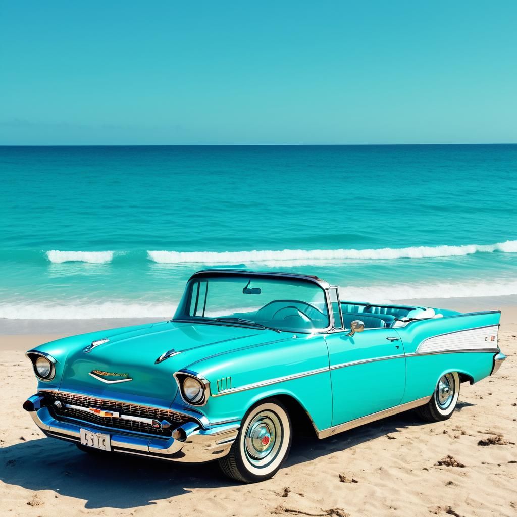 Turquoise 1957 Chevy Bel Air on Tropical Beach