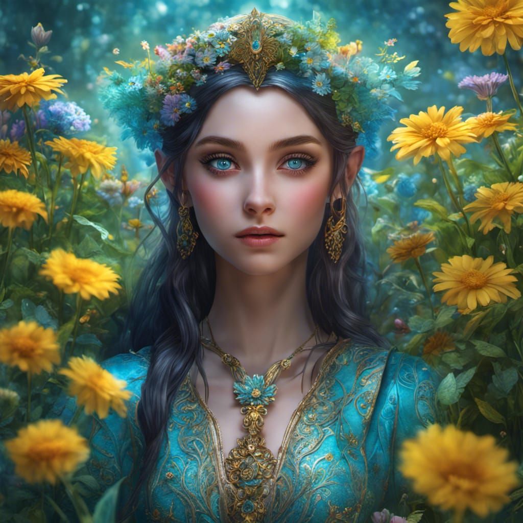 Beautiful Elf in Daisy Garden, Digital Photograph