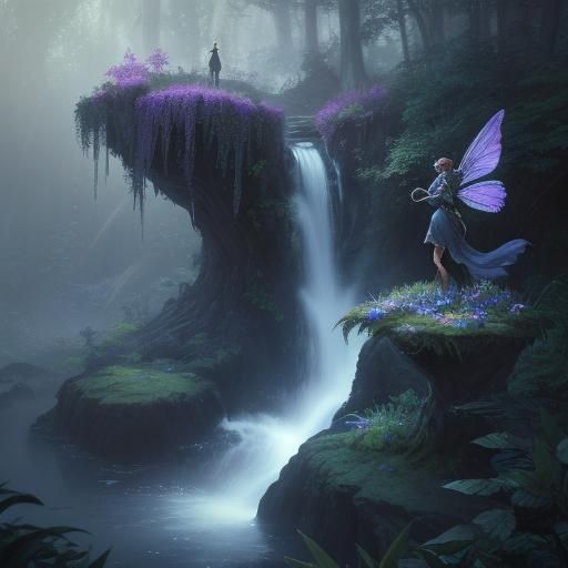 Ethereal Fairy at Forest Waterfall in Fantasy Art Style