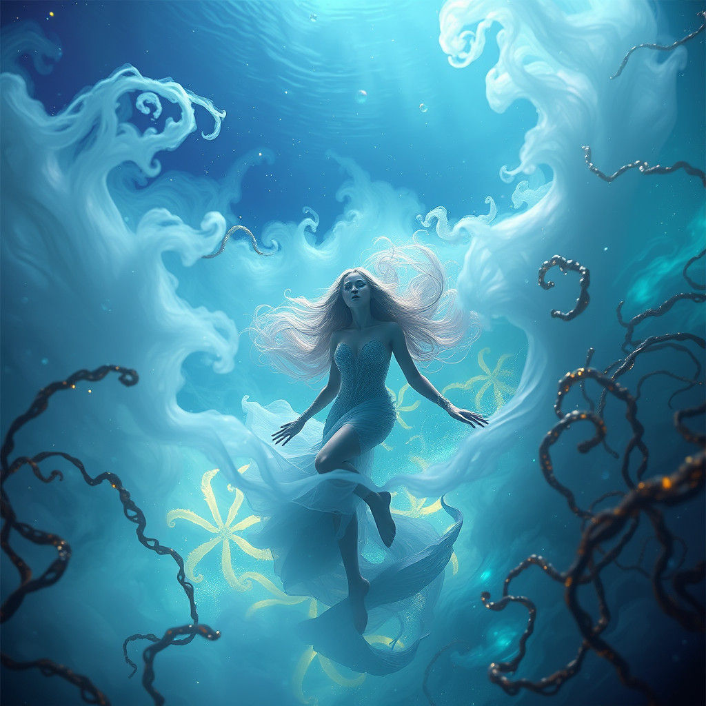 Ethereal Siren Emerges from Dreamlike Mist in Cyberpunk Art...