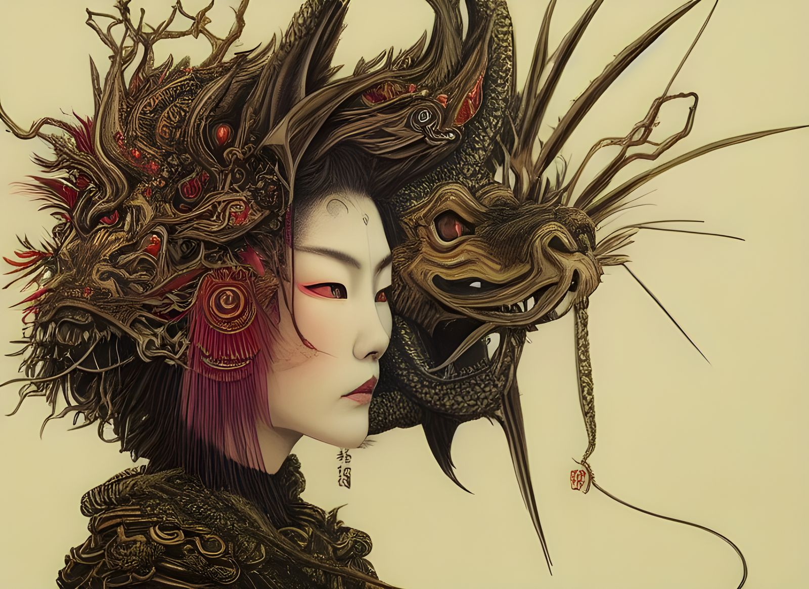 Illustration of a Dragon Samurai Warrior woman