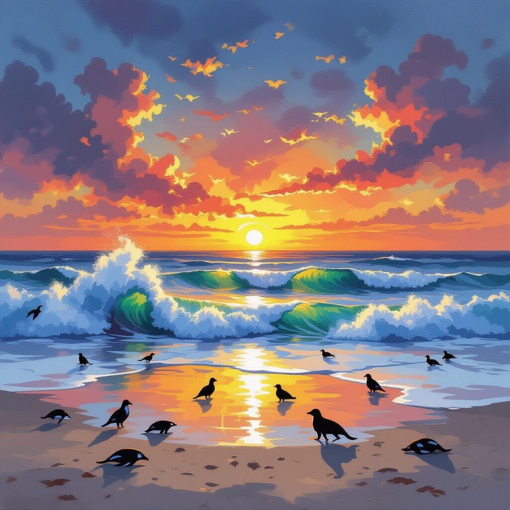 Stormy Sunrise Beach Painting with Animals
