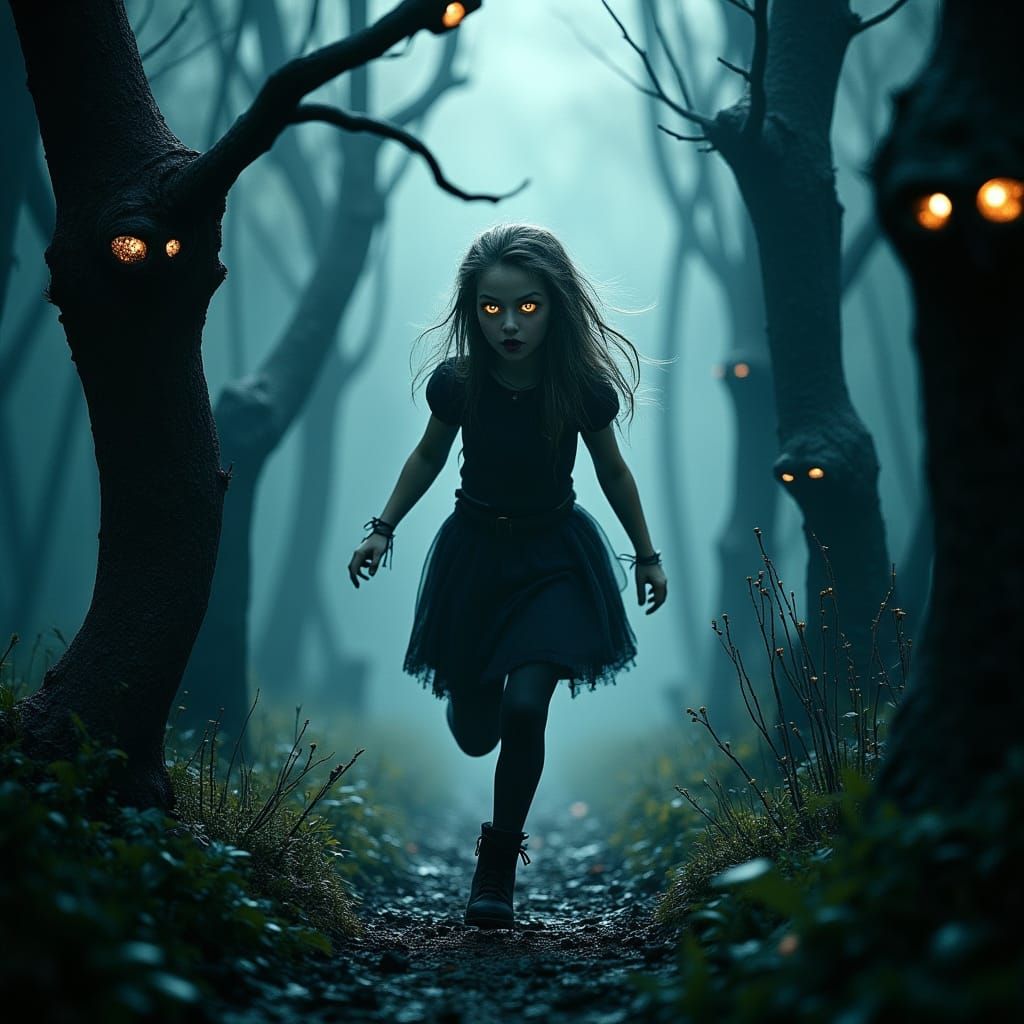 Young Girl Flees Dark Forest in Haunting Concept Art