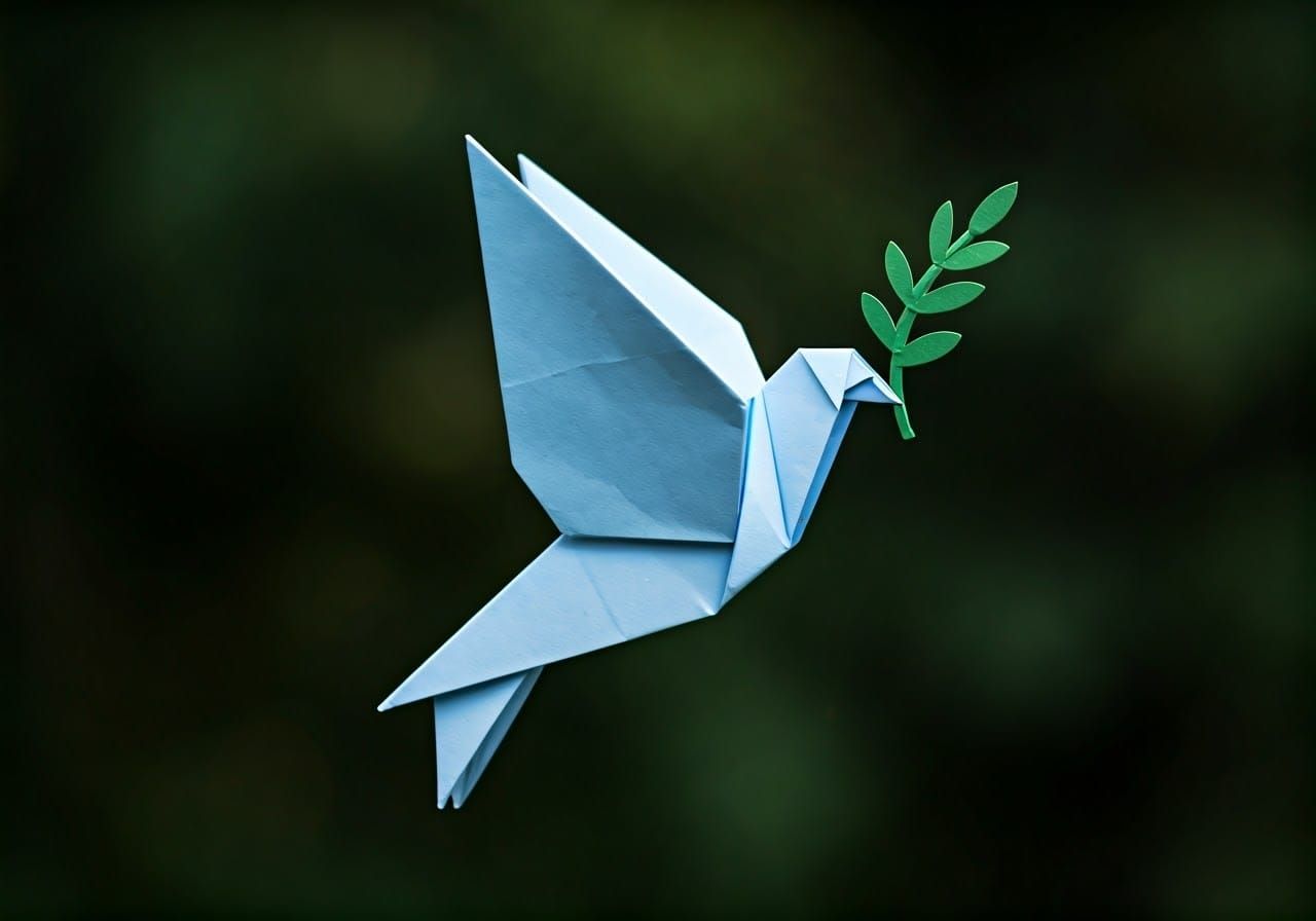 Origami Dove Holding an Olive Branch in Papercraft Style
