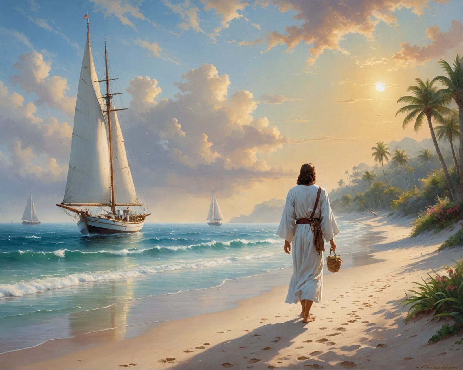 Jesus Walks on Tropical Beach in Oil Painting
