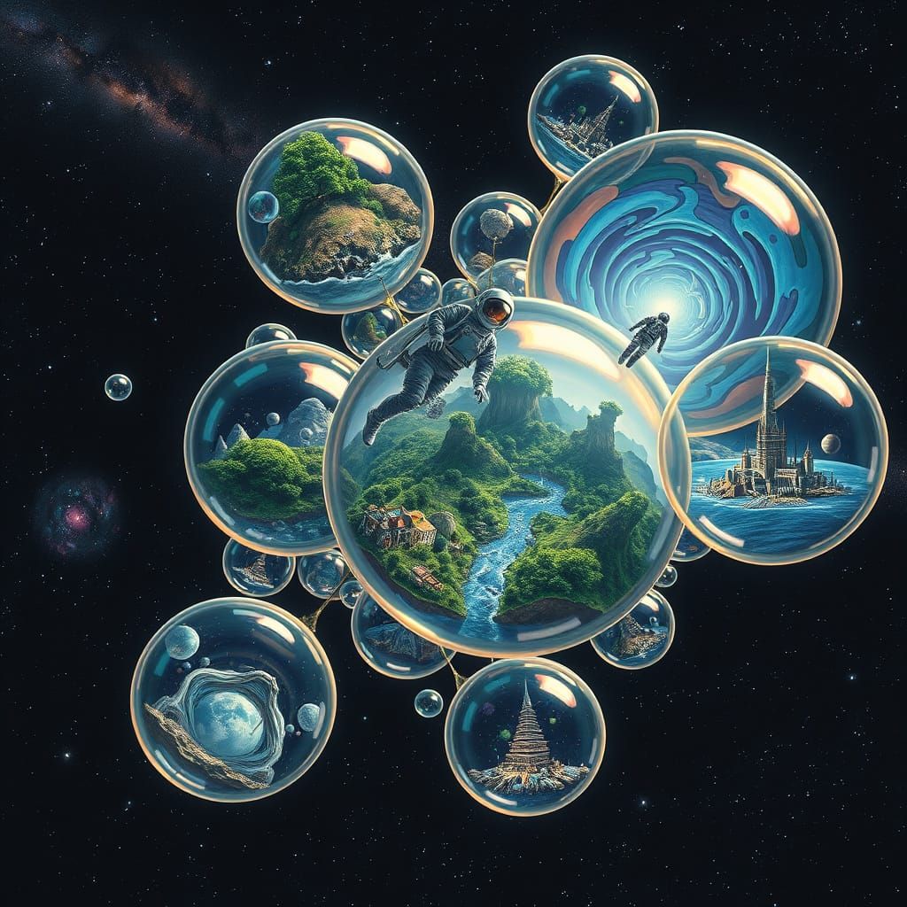 Astronaut Surrounded by Iridescent Bubbles in Space