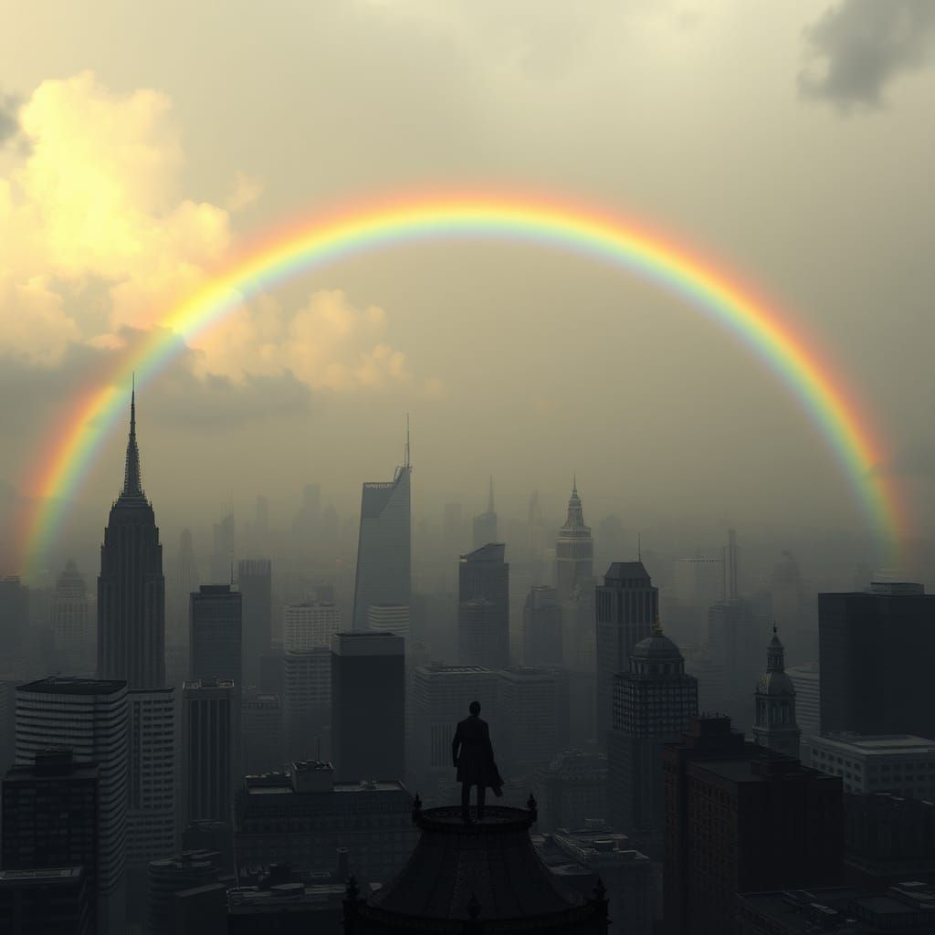 Double Rainbow Over Gothic Cityscape, Digital Matte Painting