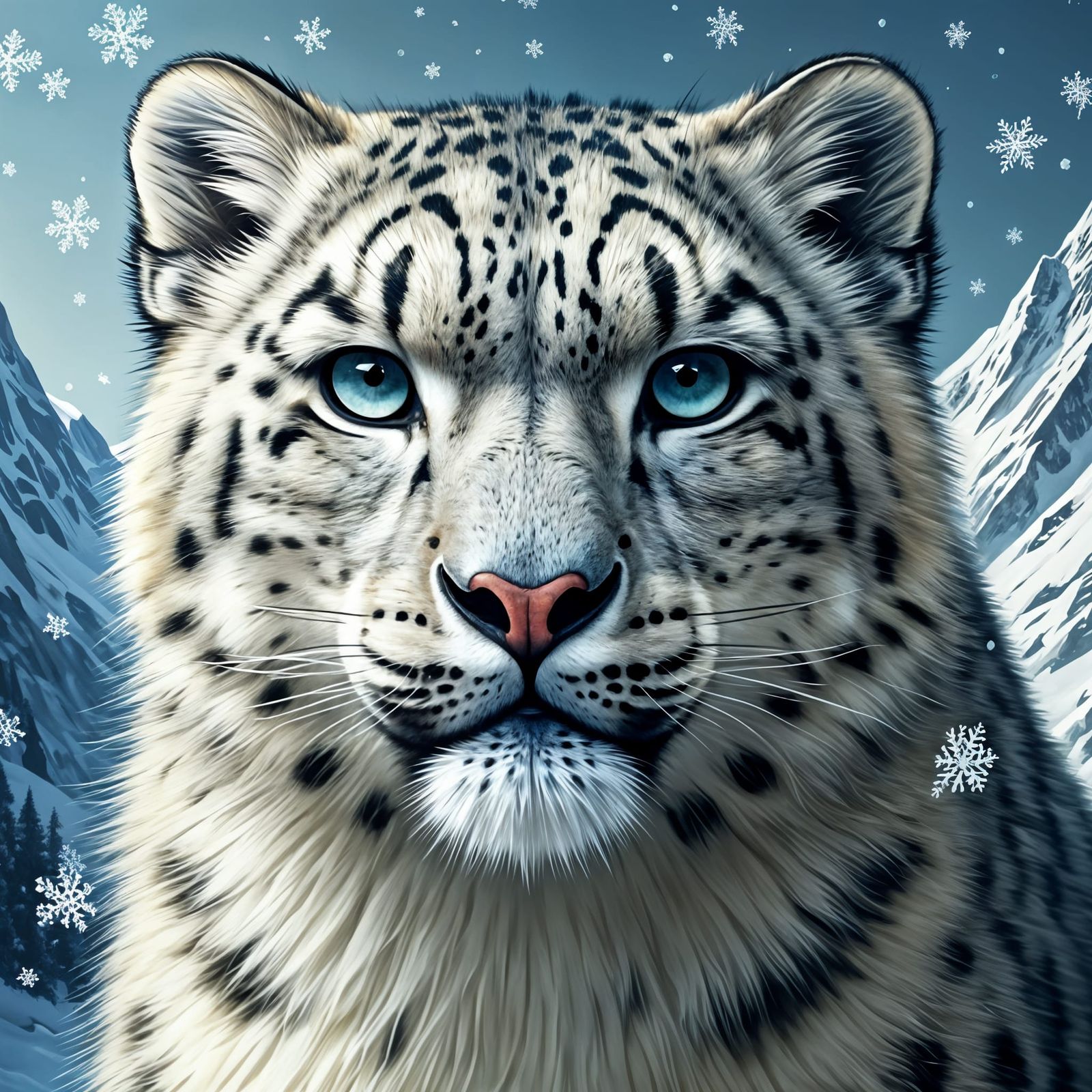 Snow Leopard in Snowy Mountain Landscape