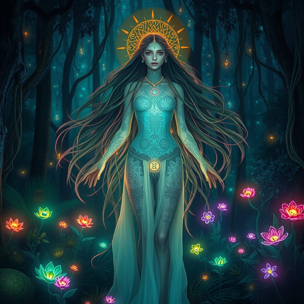 Surreal Goddess in Radiant Bioluminescent Forest