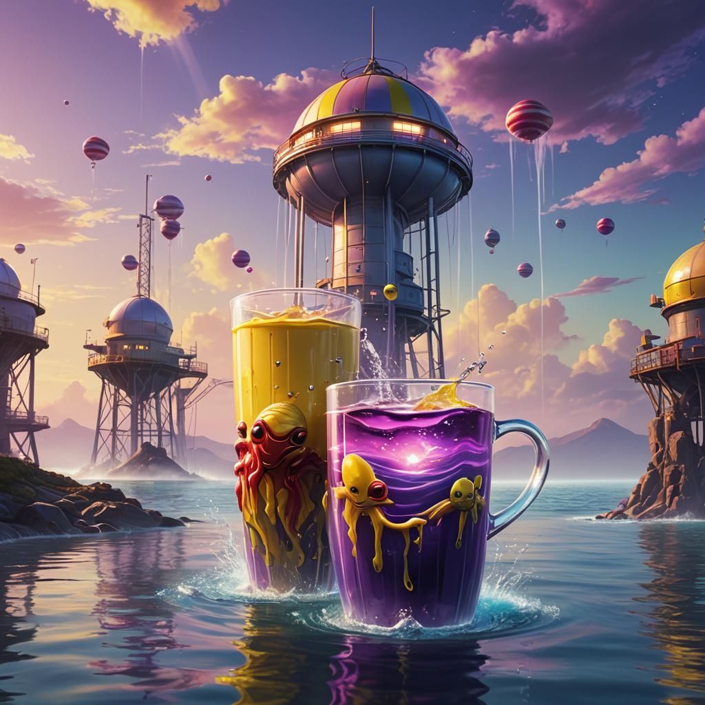 Glass Water Tower with Striped Aliens: Fantasy Art