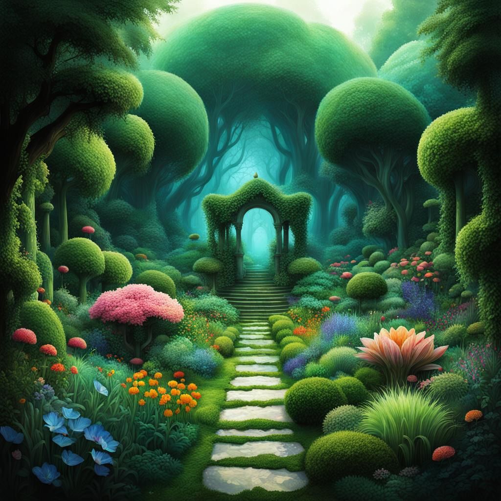 Fantasy Garden: Abstract and Mythological Scene