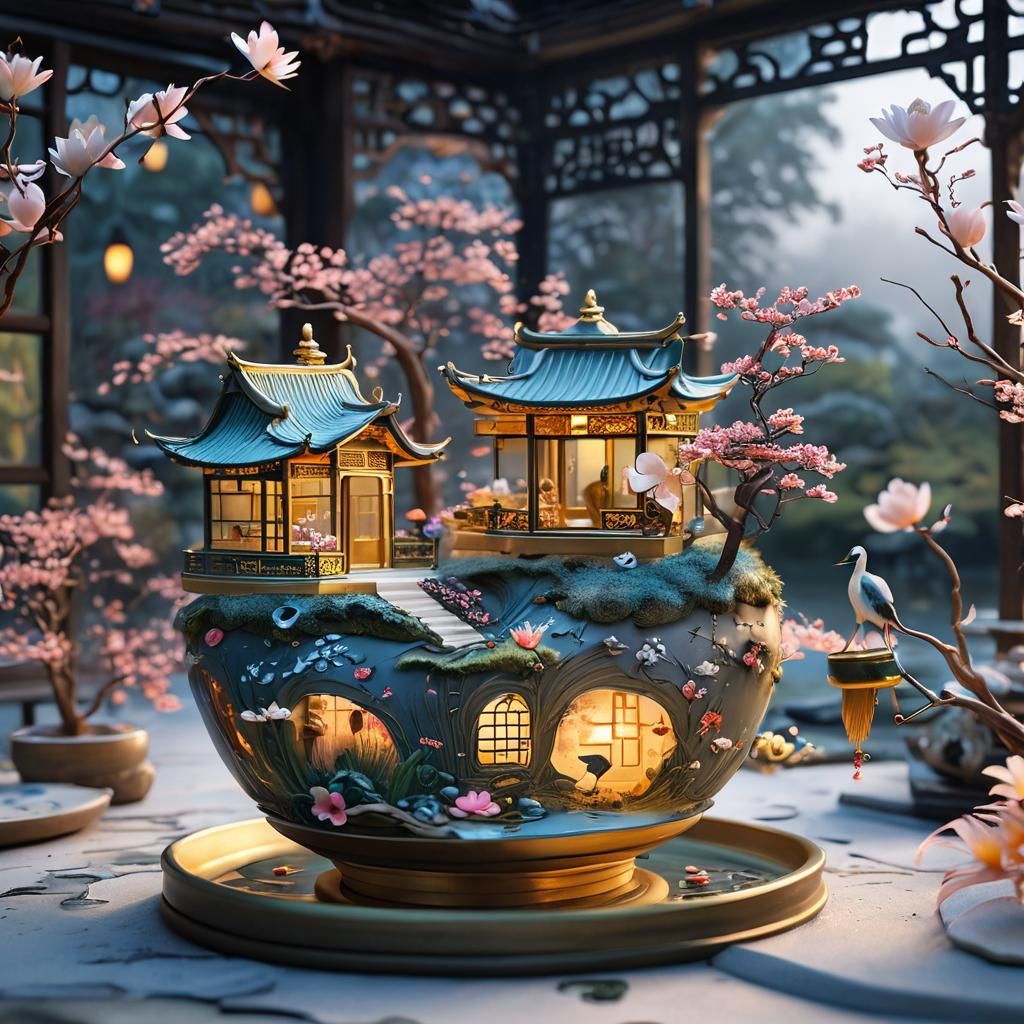 Whimsical Teahouse Diorama in Hyper-Realistic Digital Art