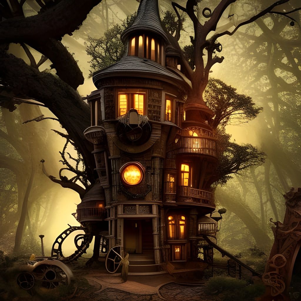 Steampunk Haunted Treehouse in Dead Tree with Sparks