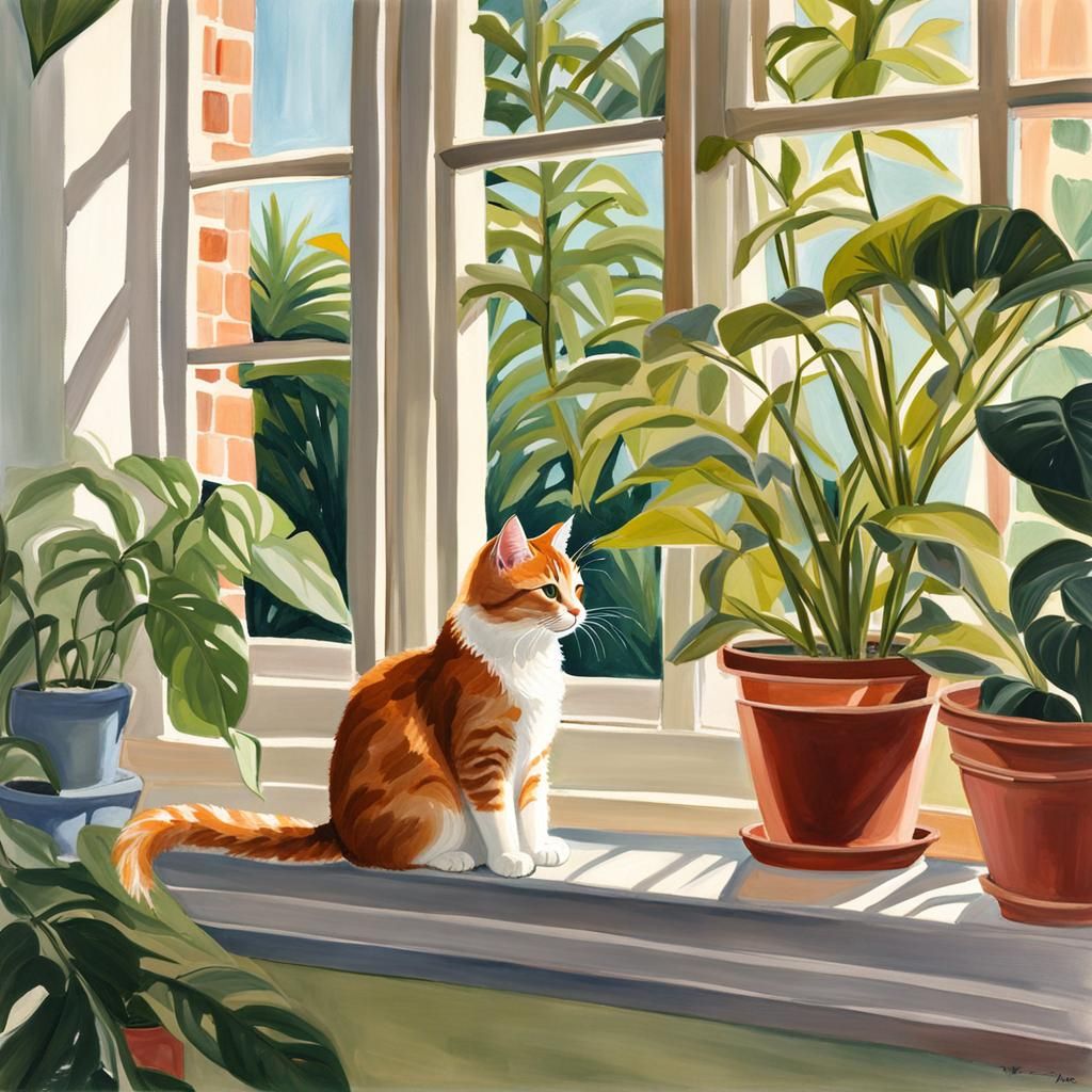 Cat in Sunny Window as Gouache Painting