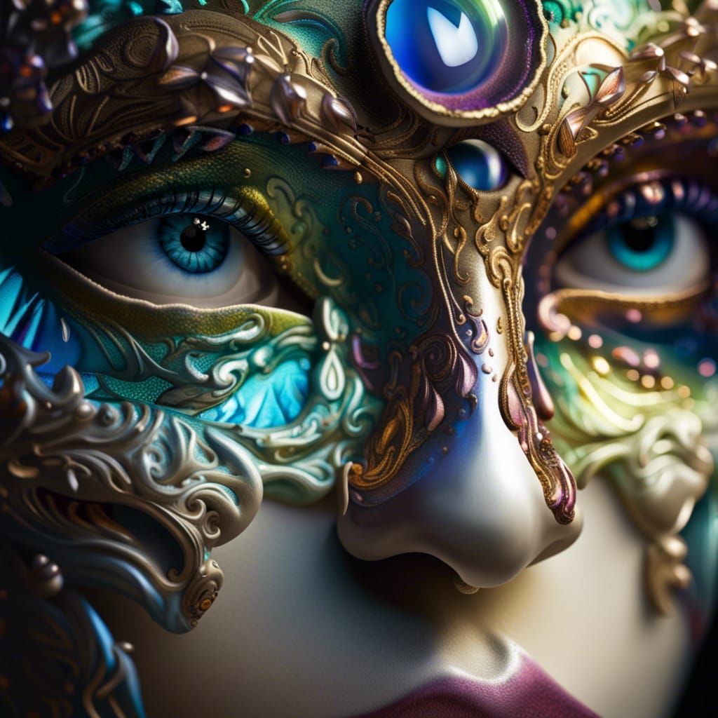 Iridescent Venetian Mask Close-Up in Hyperrealistic Style