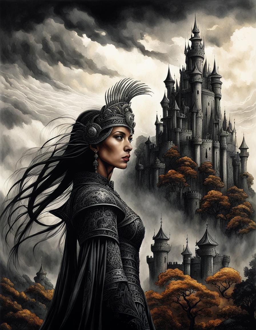 Eerie Ink Drawing of a Warrior Princess