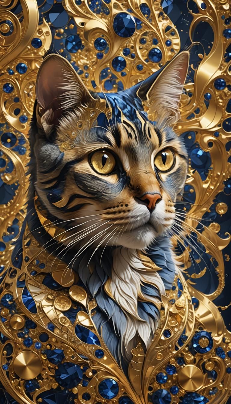 Cat Portrait with Gold and Sapphire Fractals