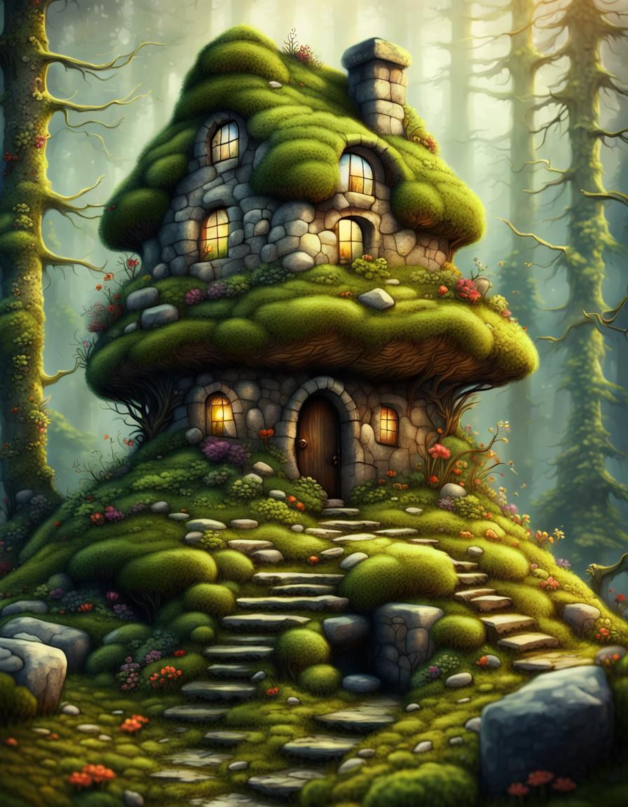 Earthy Stone Home in Forest Flora: 3D Digital Art
