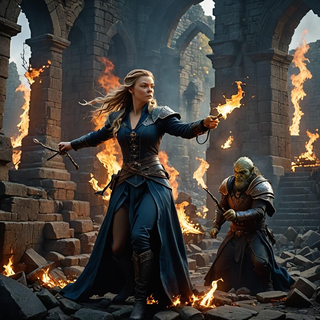 Sorceress Battles Ogre with Fire Magic