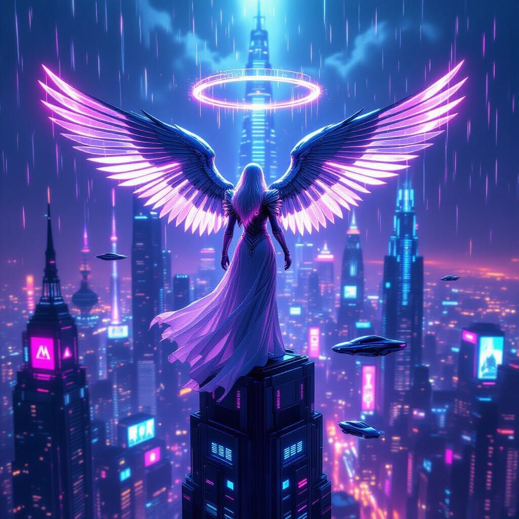 Futuristic Angel Overlooks Neon Cyberpunk Cityscape