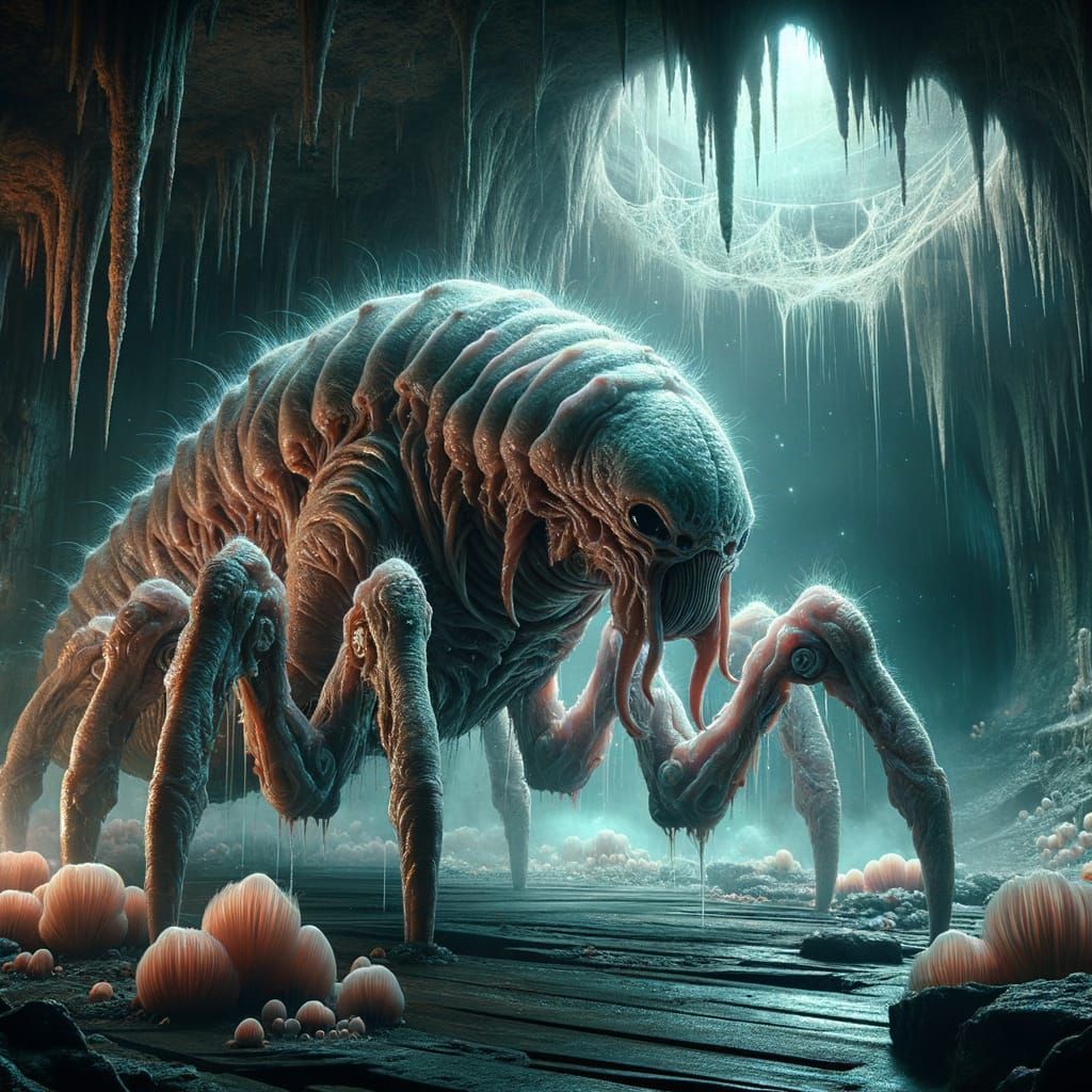 Terrifying Mindshredder Larva in Bioluminescent Cavern