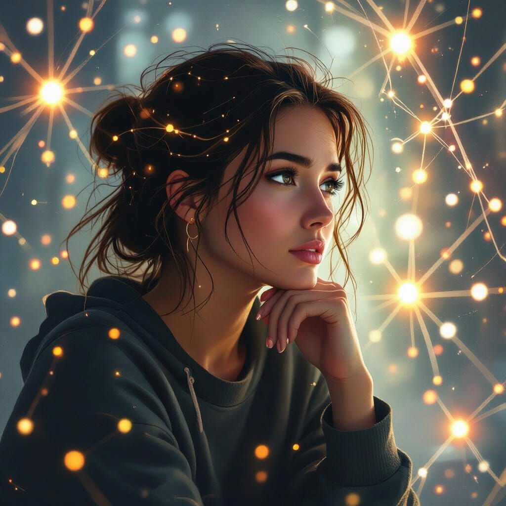 Woman in Thought with Glowing Neuronal Connections
