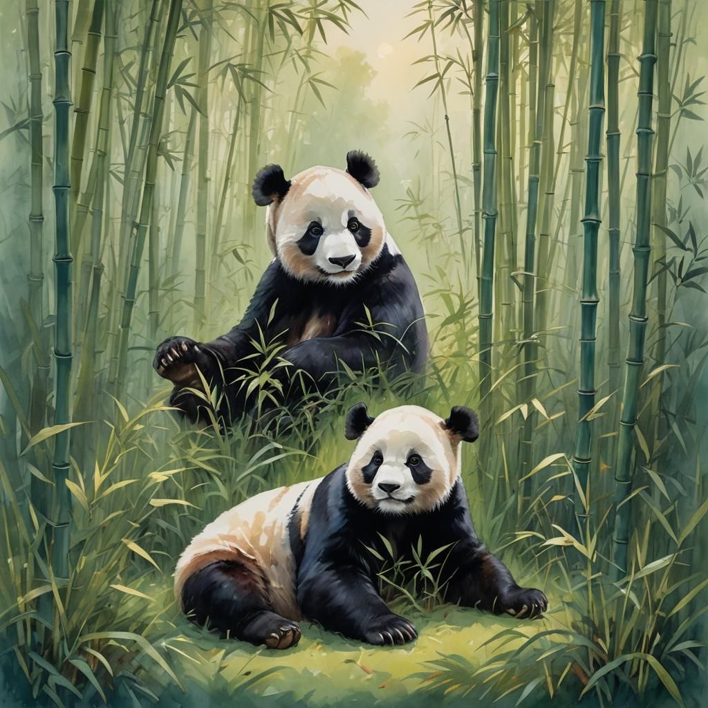 Panda Bear in Bamboo Forest at Dawn