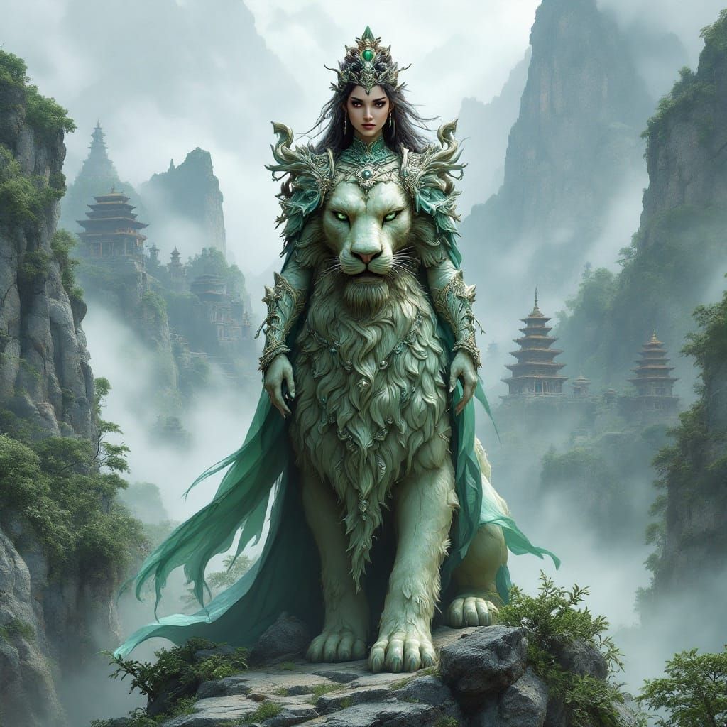 Regal Jade Sorceress Reigns Supreme in Ancient Mountains