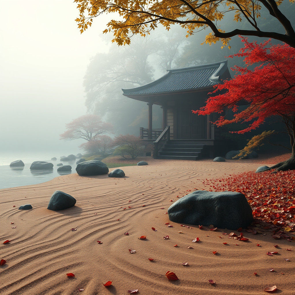 Zen Garden with Raked Sand in Fog, 3D Rendered