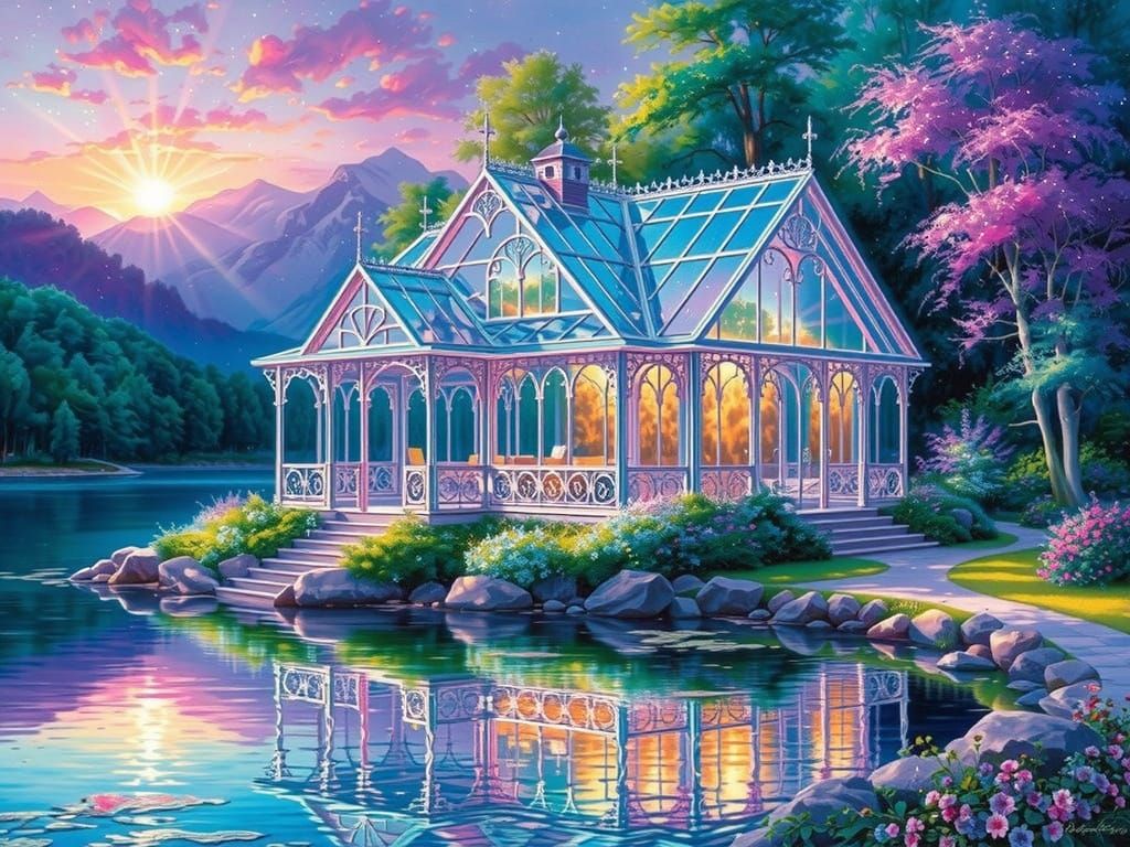 Ethereal Glass House on Lake in Watercolor Style