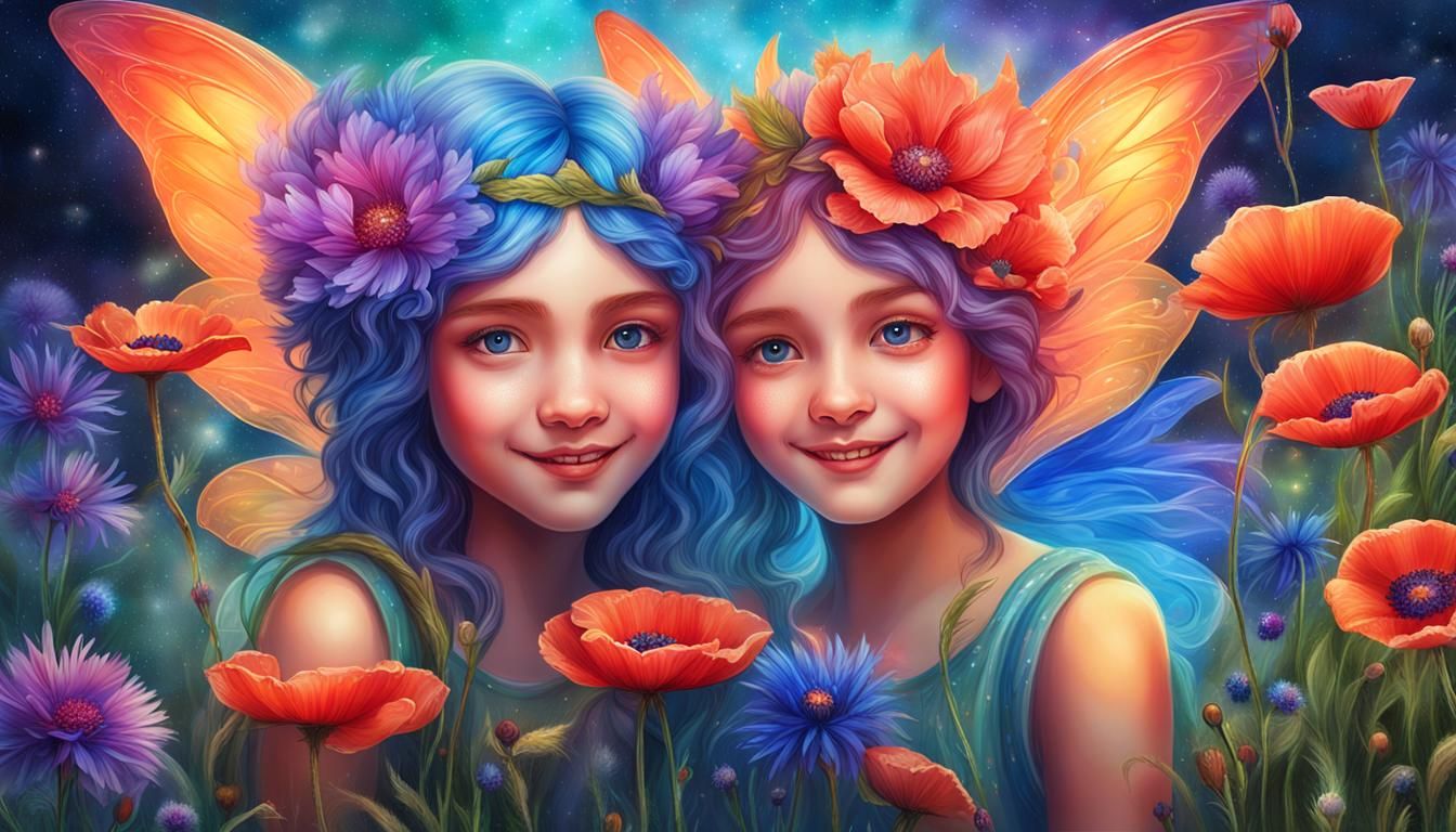 Smiling Flower Fairies in Astral Garden Illustration